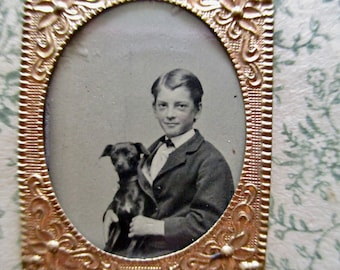 RARE antique miniature gem tintype photo - 1800s, smiling boy with black dog, gold floral frame