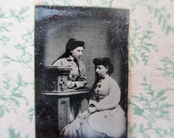 antique miniature gem tintype photo - 1800s, sisters, friends, two young women, sitting, profile