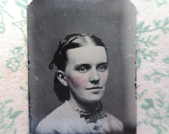 antique miniature gem tintype photo - 1800s, pretty young girl, tinted cheeks