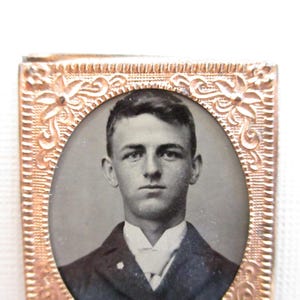 antique gem tintype photo - 1800s, handsome young man, gold embossed frame