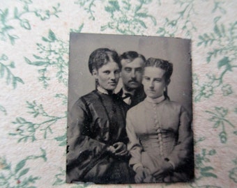 antique miniature gem tintype photo - 1800s, two women and a man, family