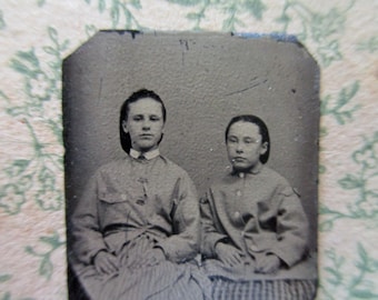 antique miniature gem tintype photo - 1800s, two young girls sitting, sisters
