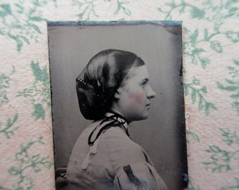 antique miniature gem tintype photo - 1800s, profile of a woman with beautiful hair, tinted cheeks