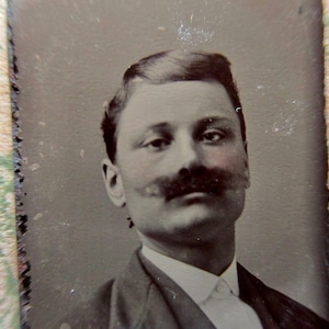 antique miniature gem tintype photo - 1800s, man or woman with a fake mustache, cross dresser