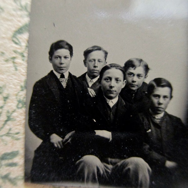 antique miniature gem tintype photo - 1800s,  five young men, group photo, boys ready for recess, friends