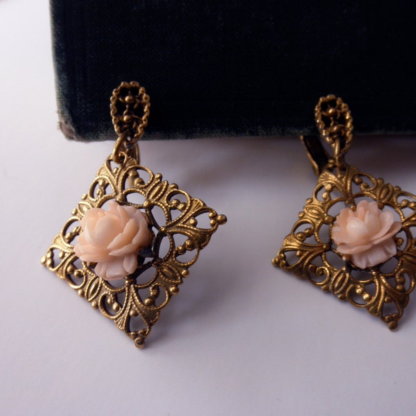 60s Miriam Haskell antique gold earrings with pink roses - screw on, vintage