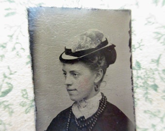 antique miniature gem tintype photo - 1800s, profile of a woman with hat, tinted cheeks