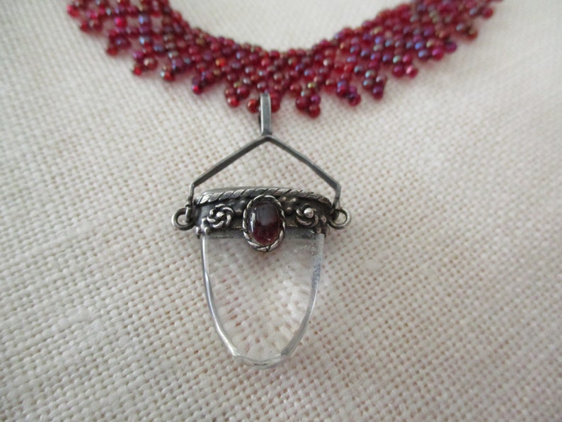 seed beads choker necklace sterling silver garnet cabochon quartz pendant 15 vintage