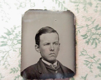 antique miniature gem tintype photo - 1800s, well dressed young man with serious look