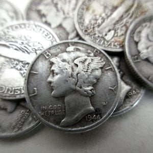 3 circulated US mercury dimes - 90% silver, 1930s, 1940s, vintage