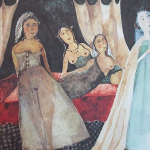 May include: Watercolor painting depicting four figures in a bedroom setting. The figures are dressed in gowns and dresses, with one figure standing and the others reclining on a red bed. The artwork has a whimsical, illustrative style.