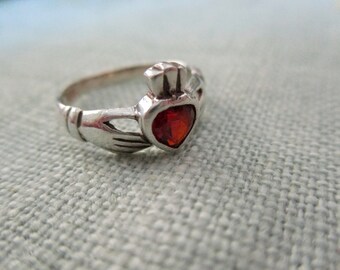 vintage sterling silver and red stone ring - Irish, claddagh, size 5