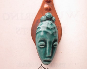vintage copper pin- tribal face, turquoise, ceramic