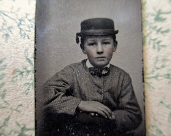 antique miniature gem tintype photo - 1800s, young boy sitting in chair, hat, tinted cheeks