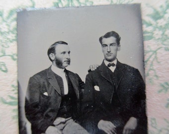 antique miniature gem tintype photo - 1800s, affectionate men, couple