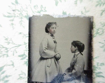 antique miniature gem tintype photo - 1800s, sisters, friends, two young women, sitting, profile