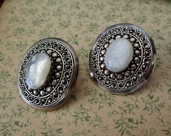 vintage moonstone sterling silver earrings - oval cabochon, pierced
