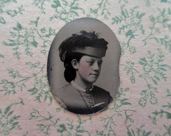 antique miniature gem tintype photo - 1800s, profile of a woman, feather hat, brooch, tinted cheeks