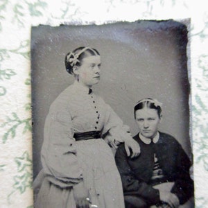 antique miniature gem tintype photo - 1800s, pregnant woman, mother, daughter