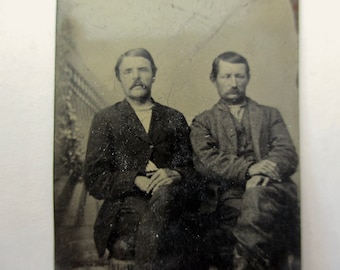 antique miniature gem tintype photo - 1800s, two men with mustaches sitting together, cross eyed