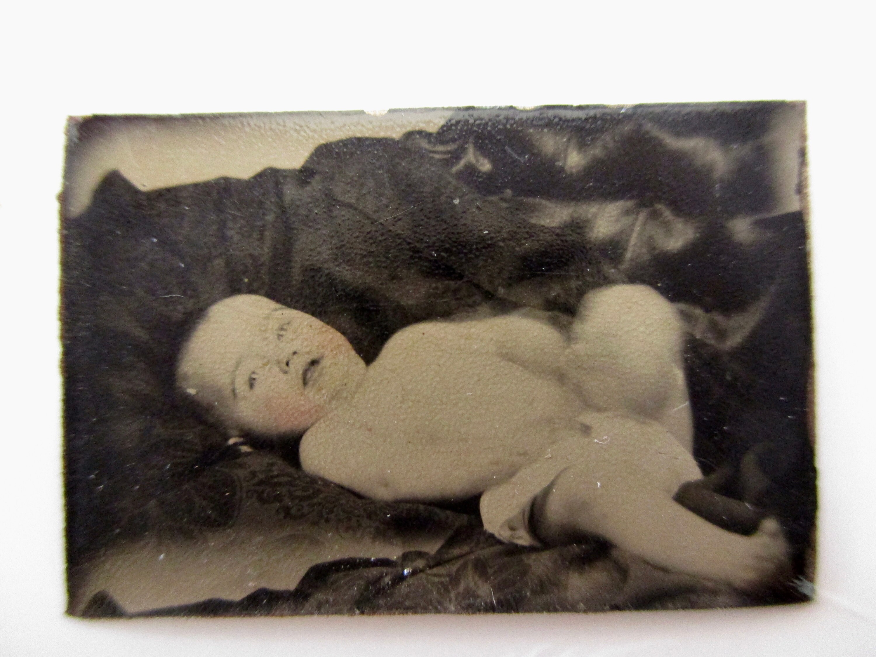 antique miniature gem tintype photo 1800s, cute baby in diapers