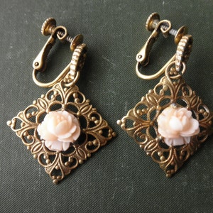 60s Miriam Haskell antique gold earrings with pink roses - screw on, vintage