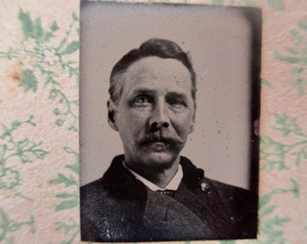 antique miniature gem tintype photo - 1800s, man with mustache