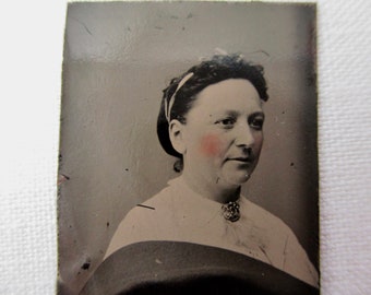 antique miniature gem tintype photo - 1800s, woman with hidden arms, brooch, rosy cheeks