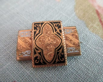 antique gold filled enameled and engraved brooch - victorian, edwardian, floral, pin