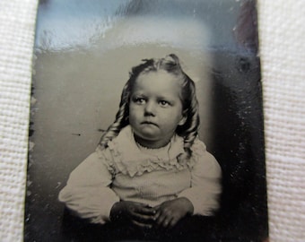 antique gem tintype photo - 1800s, little blond girl with ringlets in her hair