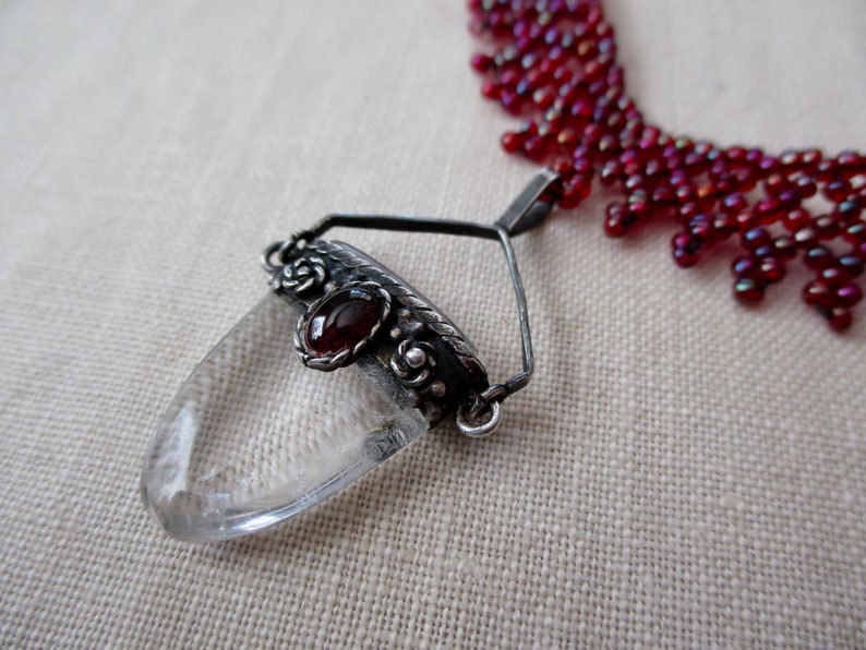 seed beads choker necklace sterling silver garnet cabochon quartz pendant 15 vintage