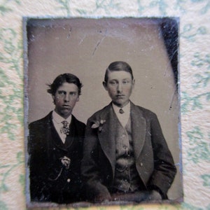 antique miniature gem tintype photo - 1800s, two young men sitting together, tinted cheeks