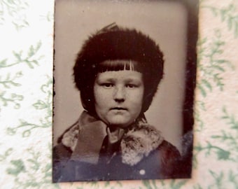 antique miniature gem tintype photo - 1800s, young girl with fur hat