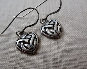 sterling silver heart earrings - Celtic knot, pierced, Irish, vintage