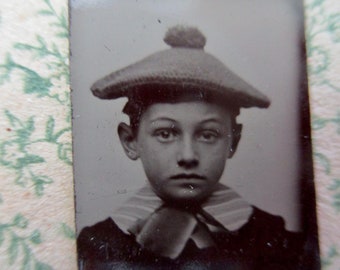 antique miniature gem tintype photo - 1800s, cute young boy, tam hat