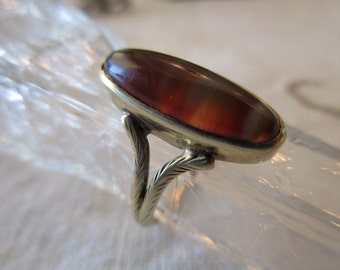 antique 14K ring with banded agate cabochon - carnelian, victorian, size 8.5, FREE SHIPPING
