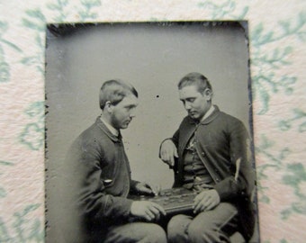 antique miniature gem tintype photo - 1800s, two men playing checkers, friends