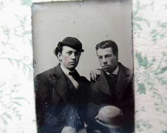 antique miniature gem tintype photo - 1800s, affectionate men, couple, hats