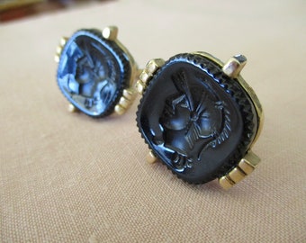 60s vintage intaglio cufflinks - black Roman soldier, gold tone
