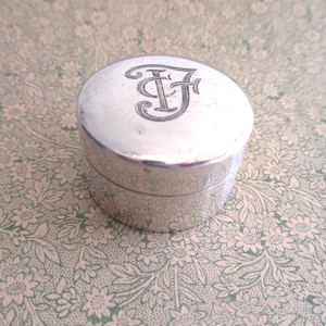 antique sterling silver round pill box, engraved, ICF, Edwardian, Victorian, 1900s, 1910s