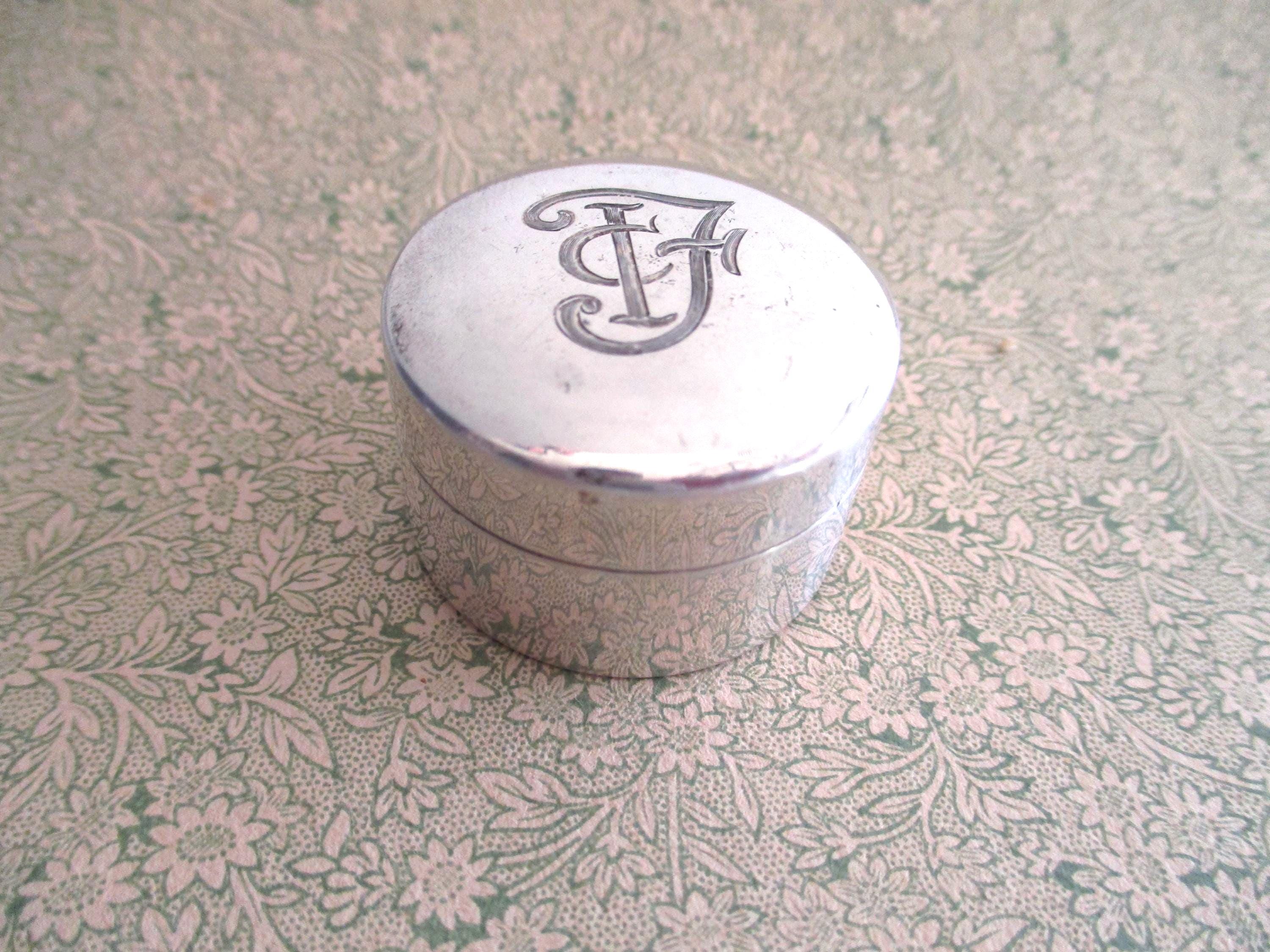 Antique Sterling Silver Pill Box: engraved ICF, Edwardian, Victorian, 1900s, 1910s