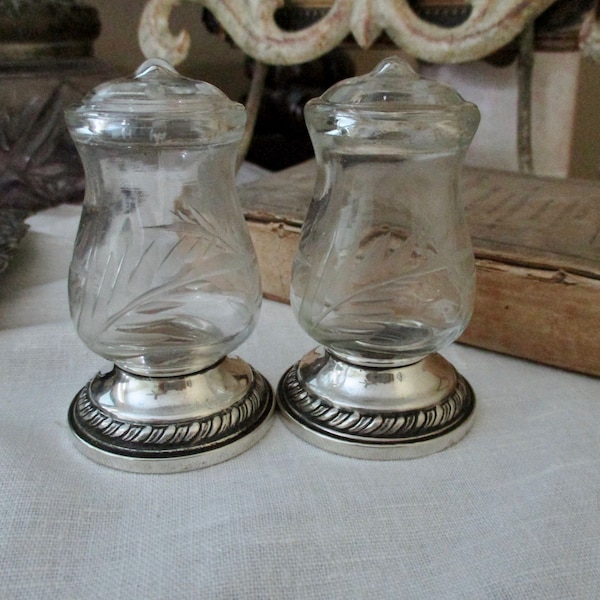 sterling salt and pepper shakers - crystal, Quaker Sterling Co, Hurricane, vintage