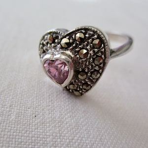 sterling silver and pink heart crystal ring - marcasites, size 6.5, vintage