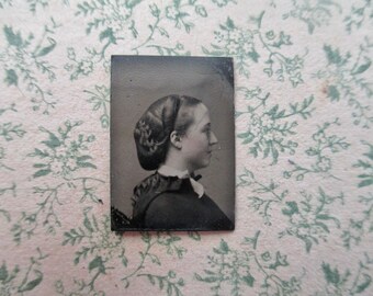 antique miniature gem tintype photo - 1800s, profile of a woman with beautiful hair, tinted cheeks