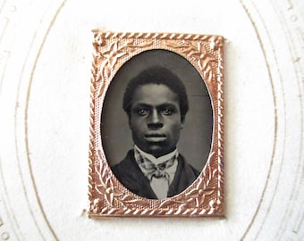 antique gem tintype photo - 1800s, handsome young man, well dressed, gold frame, miniature photo, African American