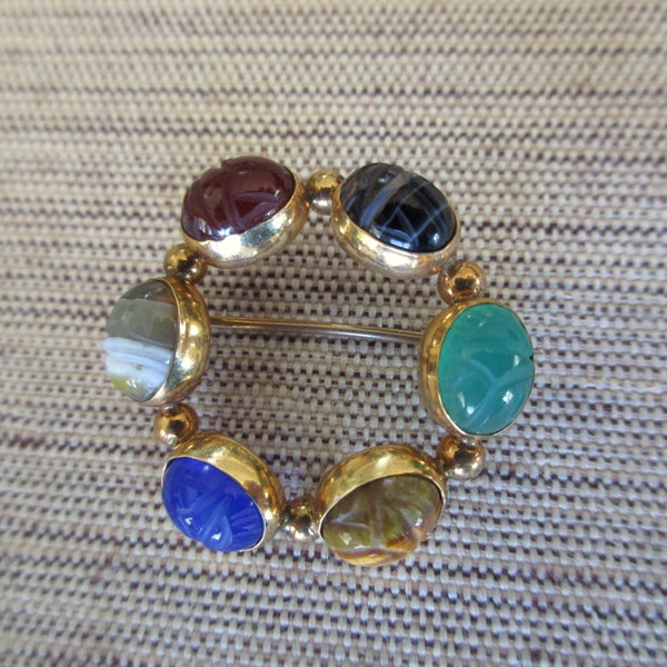 vintage 12K gold filled scarab brooch with natural stones - good luck