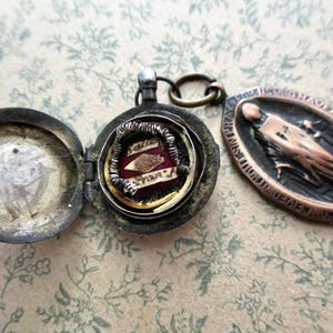 1800s antique sterling silver Reliquary locket charm and Mother Mary medal - Relic, wax sealed, religious, Catholic, Christian, Saint