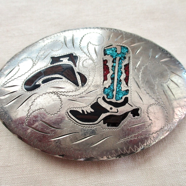 silver and turquoise western belt buckle-  engraved, inlaid, cowboy hat, cowboy boot, coral, vintage