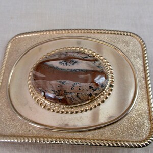 western cowboy belt buckle-  polished moss agate cabochon, gold tone, vintage