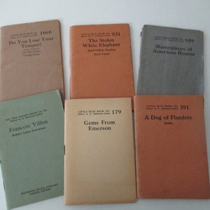 6 antique tiny books - short stories, Dog of Flanders, Stevenson, Elliot, Mark Twain, Emerson, Little Blue Book Co